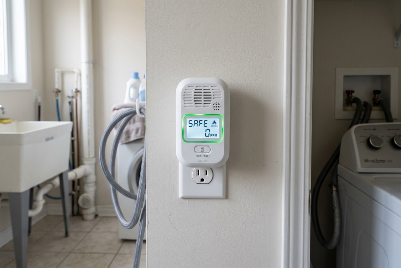 Digital plug-in combustible natural gas detector alarm mounted near kitchen wall