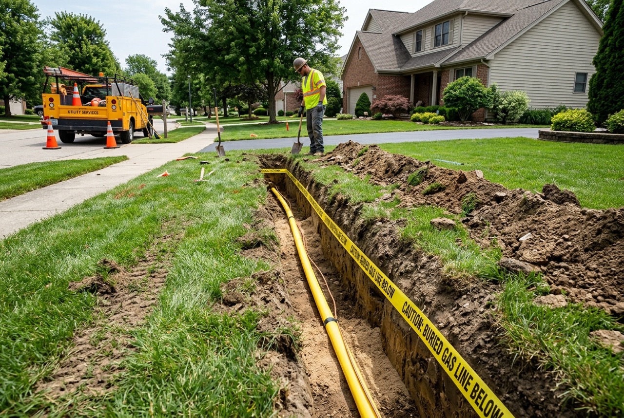 Excavated trench showing yellow polyethylene underground natural gas line with tracer wire